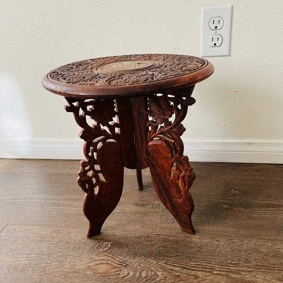 Vintage Indian Hand Carved Wooden Folding Side Table 13 Inch Tall - Picture 7 of 12
